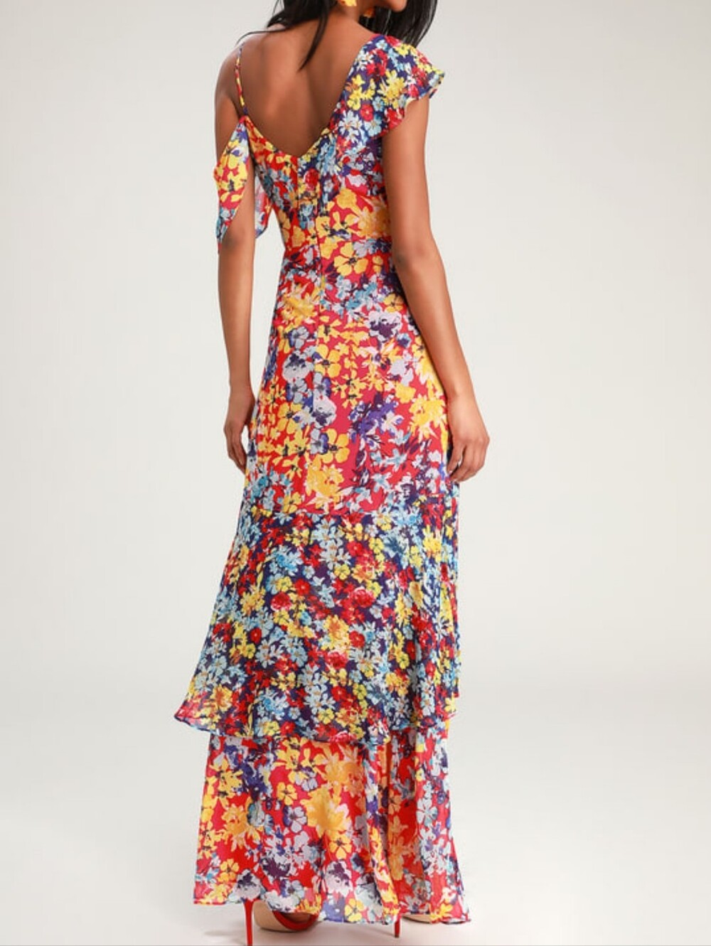 Lulu's Radiant Ruby Red Floral Print Chiffon Maxi Dress - Picture 2 of 9